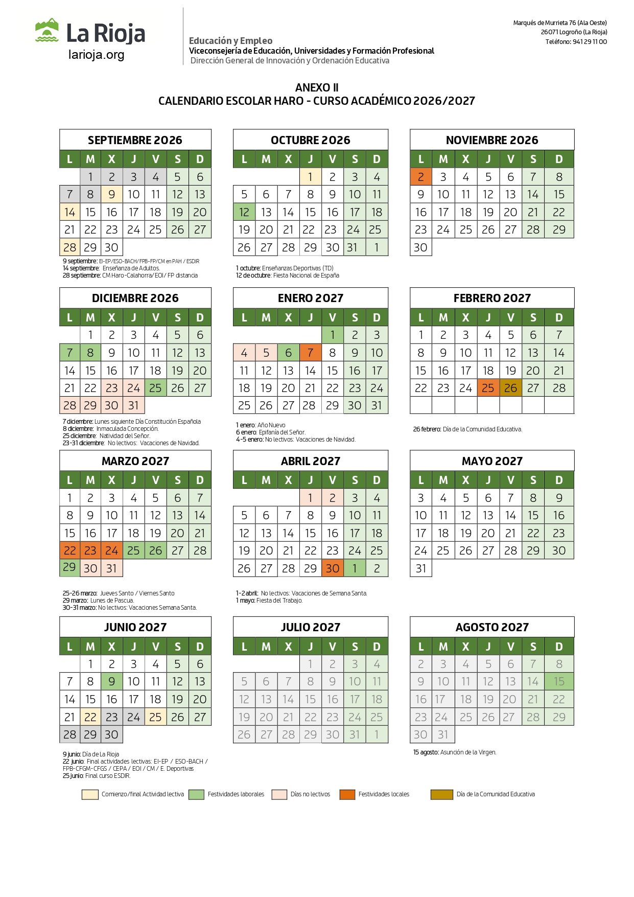 CALENDARIO ESCOLAR HARO 26-27