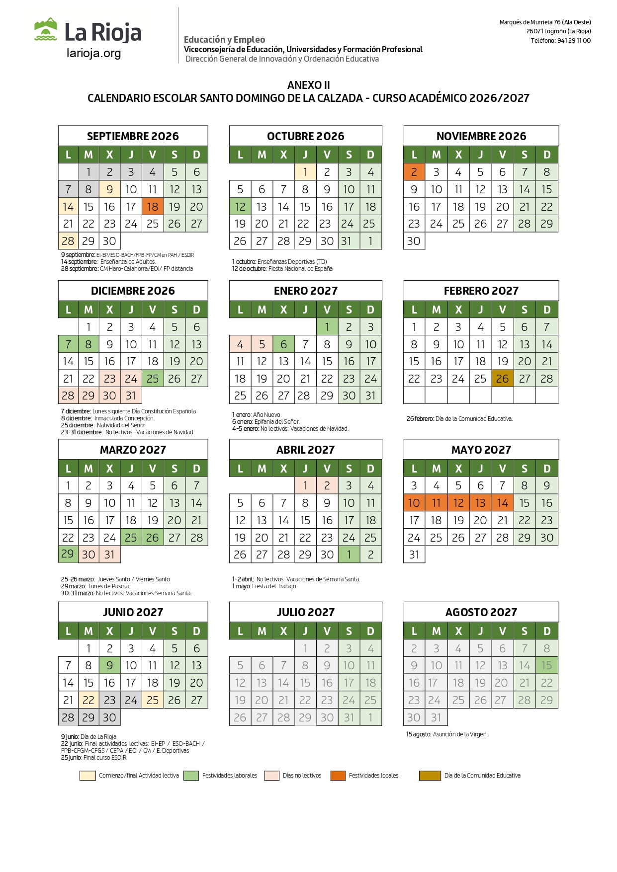 CALENDARIO ESCOLAR SANTO DOMINGO 26-27